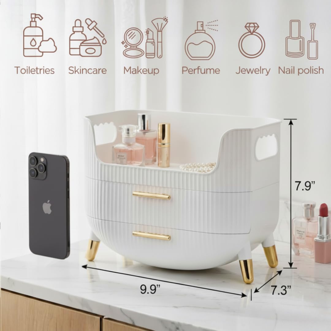 HALAFE Makeup Organizer with Drawers, Skincare Storage Box for Vanity, Multiple Compartments, Portable Cosmetic Display Case with Handle, Large Make up Organizers for Dresser, Bathroom, Bedroom, White