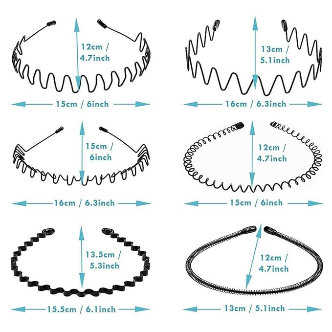 Metal Headband for Men, Adjustable Wavy Hair Band, Classic Wave 6 Pcs