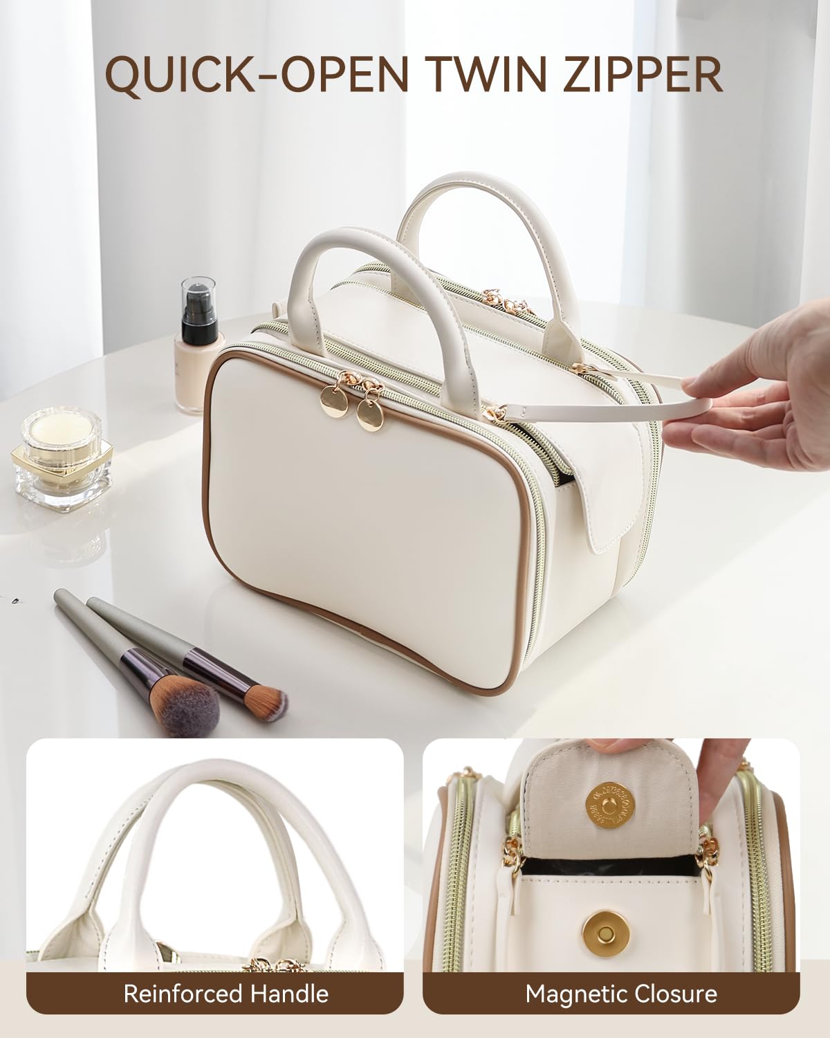 Prite Large Makeup Bag, Waterproof Travel Cosmetic Case with Brush Holder