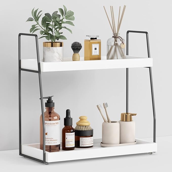 Forbena Black Bathroom Counter Organizer, Tiered Bathroom Organizer Countertop Tray, Corner Makeup Vanity Shelf Organizers and Storage for Men Perfume Skin Care Kitchen Sink Coffee Bar Station