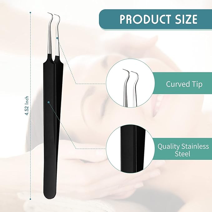 Honoson 3 Pcs Blackhead Tweezer Stainless Steel Pimple Tweezers Tool for Remove Zit Whitehead Pimple Bend Curved Extractor Tweezer Skin Blackhead Remover Tools(Black)