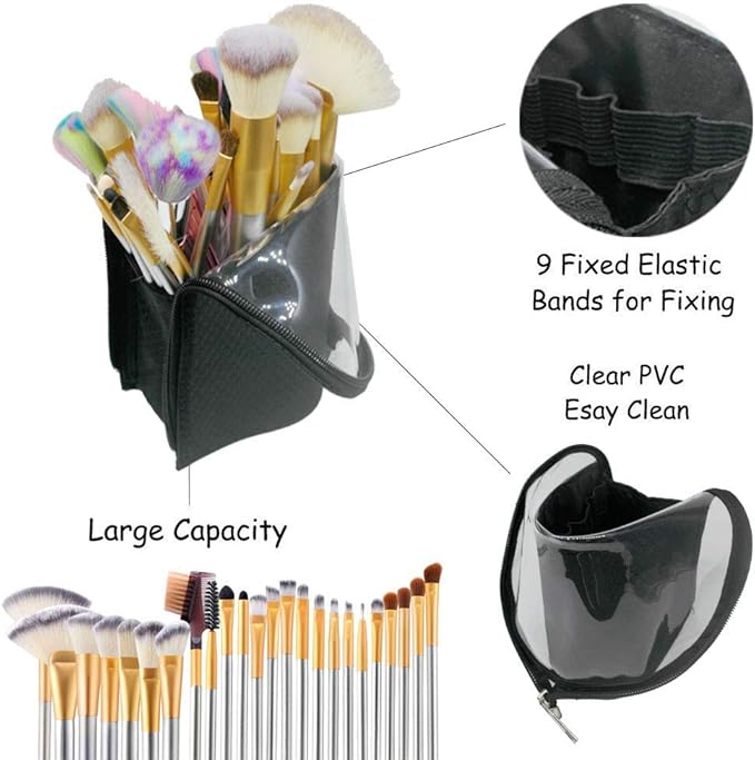 ANEMEL Black Travel Makeup Brush Holder 2-Pack, Organizer Bag Clear Plastic Cosmetic Zipper Pouch Portable Waterproof Dust-Free Stand-Up Small Toiletry Stationery Bag with Divider
