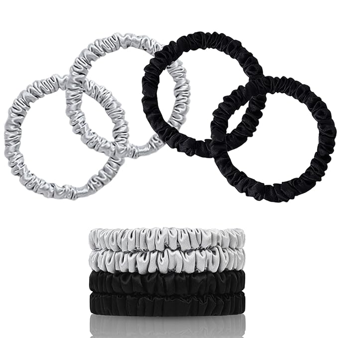 100% Mulberry Silk Scrunchies, 4 Count (Black, Silver Gray) - 22 Momme Pure Mulberry Silk, Elastic Hair Ties, Protects Hair from Damage, Suitable for Various Hairstyles, Fashion Item Choice