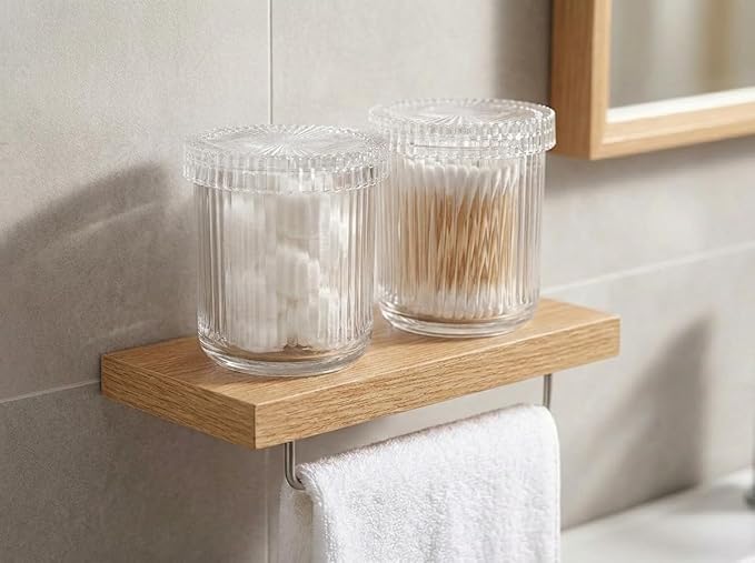 SheeChung Glass Qtip Holder Dispenser Set, 2-Pack Glass Apothecary Jars - Vintage Bathroom Vanity Organizer for Cotton Swabs, Balls, Pads, Floss Picks - Bathroom Accessories Decor