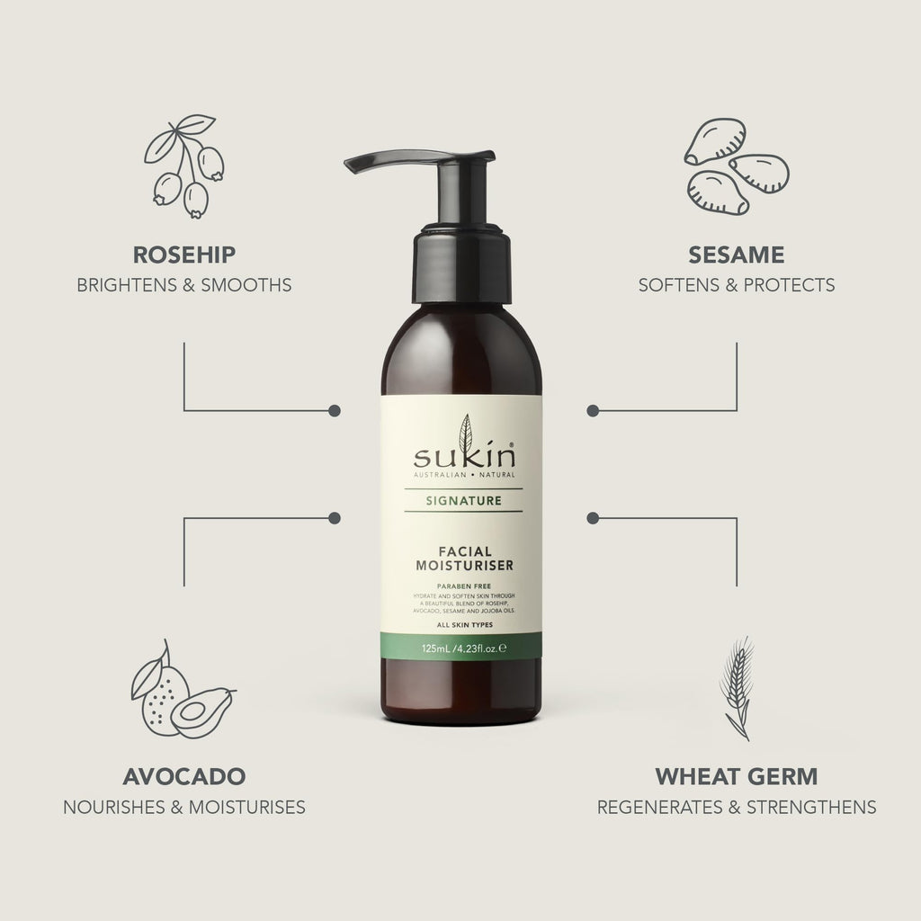 Sukin Facial Moisturizer, Hydrating – Signature Face Lotion with Aloe Vera, Rosehip Oil & Shea Butter for Rejuvenating Dry Skin, Signature Scent, 4.23 Oz