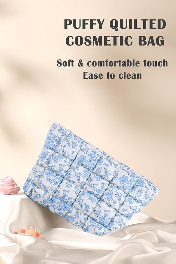 HFLZBRO Puffy Quilted Makeup Bag, Cosmetic Bag, Travel Toiletry Organizer Pouch, Clutch for Women (Blue Floral)