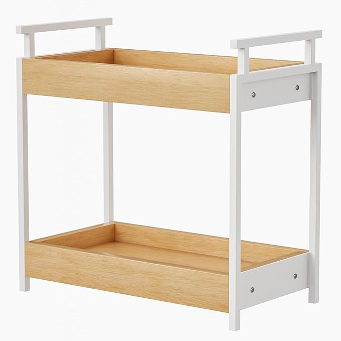 KLM Countertop Coffee Station Organizer, 2 Tier Wooden Shelf for Coffee Bar Accessories, Condiment Storage Caddy for Kitchen, Bathroom Counter Organizer, Home, Office - Natural