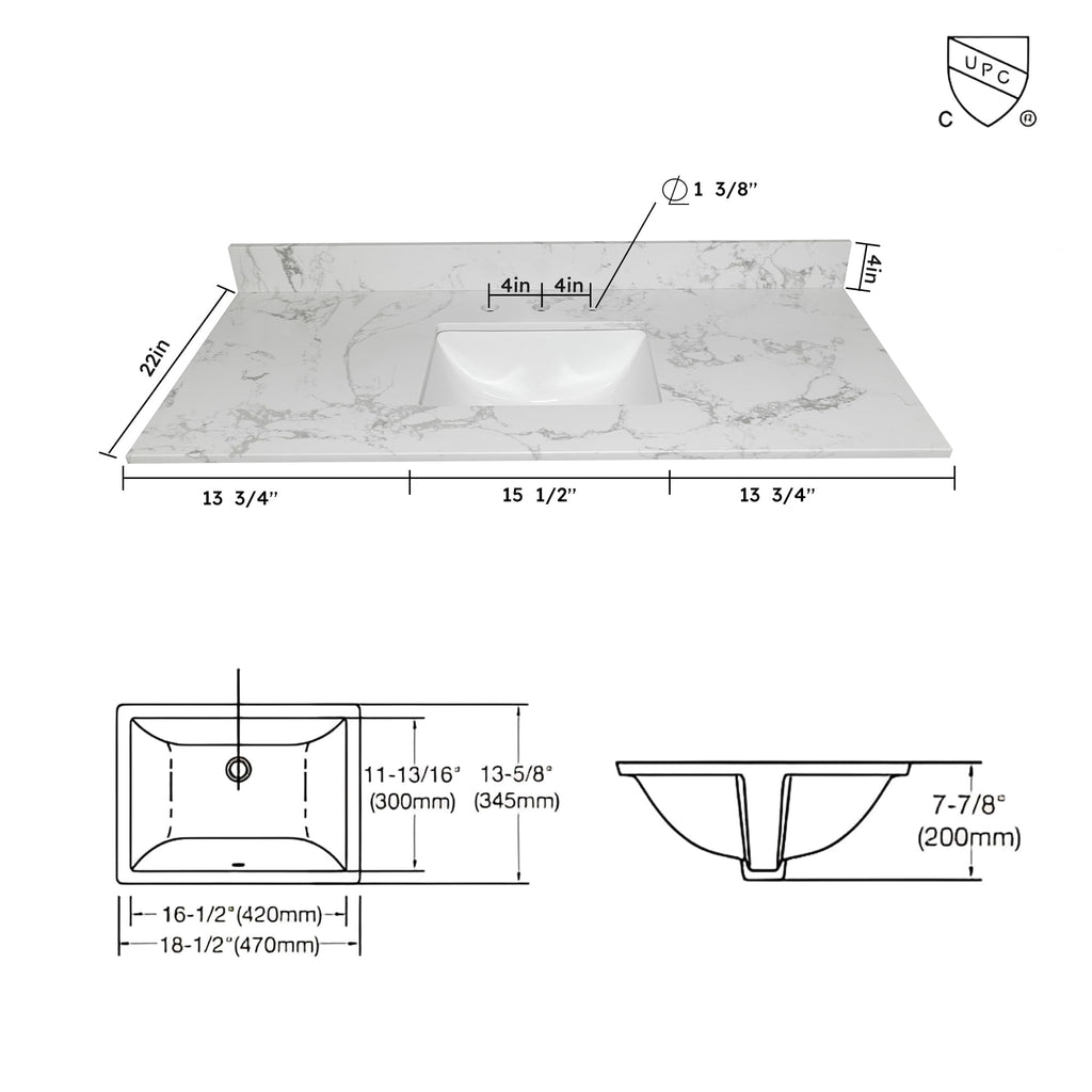 Montary 42" Bathroom Vanity with 43" Artificial Marble Carrara White Top, Modern Stylish MDF Bathroom Storage Cabinet, Vanity Set with 2 Doors and One Large Divided Drawer, White (Three Holes)