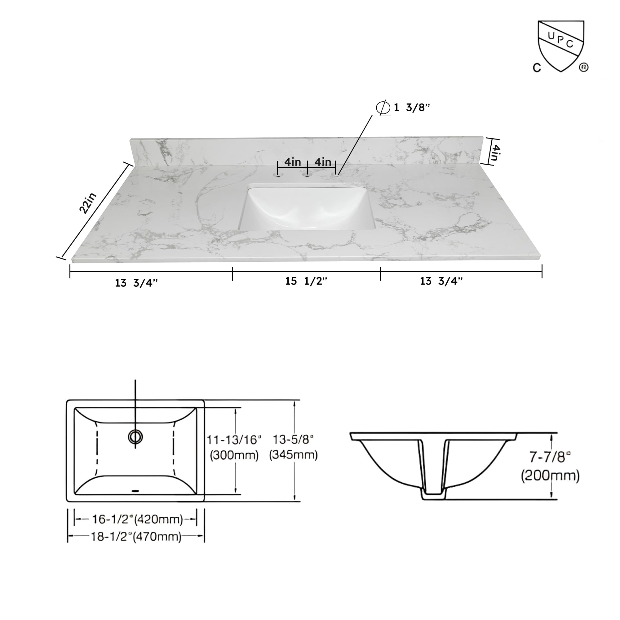 Montary 42" Bathroom Vanity with 43" Artificial Marble Carrara White Top, Modern Stylish MDF Bathroom Storage Cabinet, Vanity Set with 2 Doors and One Large Divided Drawer, White (Three Holes)