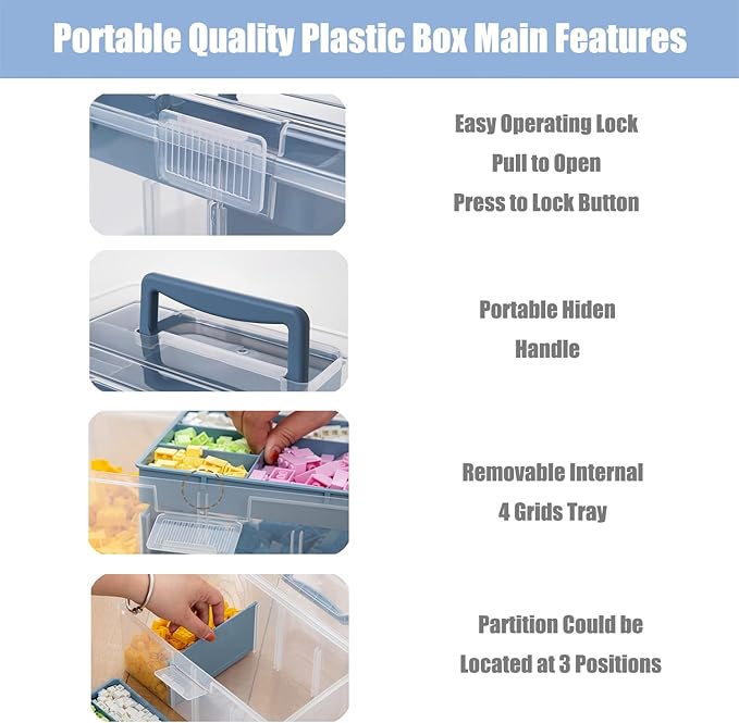 FOREVERIE Clear Plastic Arts & Craft Supplies Organizer Box Large with a Removable Tray & A Partition & Handle, Office Home School Desktop Stationery Storage Box, Medicine Box (Clear & Ocean Blue)