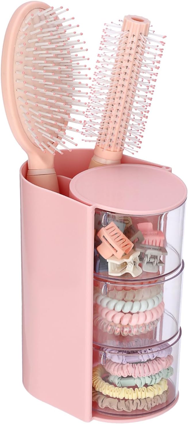 GUSHBIN Hair Accessories Organizer with Hair Brush Holder Spinning Cosmetic Storage Case for Makeup Sponge Plastic Desktop Organizer, 3-Layer Pink