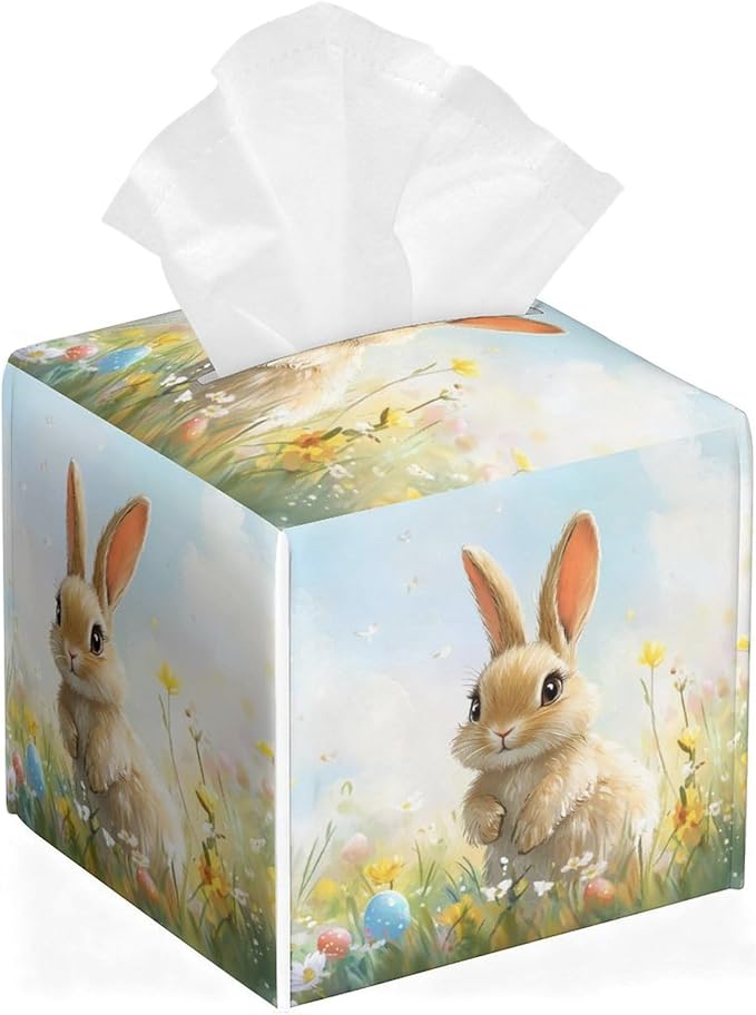 Buuny Tissue Box Cover Easter Leather Tissue Box Holder Square Facial Paper Organizer Dispenser for Bathroom Kitchen Bedroom Vanity Countertop Night Stands
