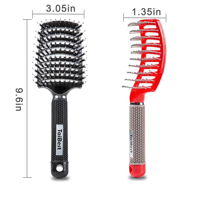 TaiBest Boar Bristle Hair Brush Set - Dry/Wet Hair Brush Detangler for Fine, Thick, Curly Hair - Curved and Vented Hair Brush for Women, Men or Kids