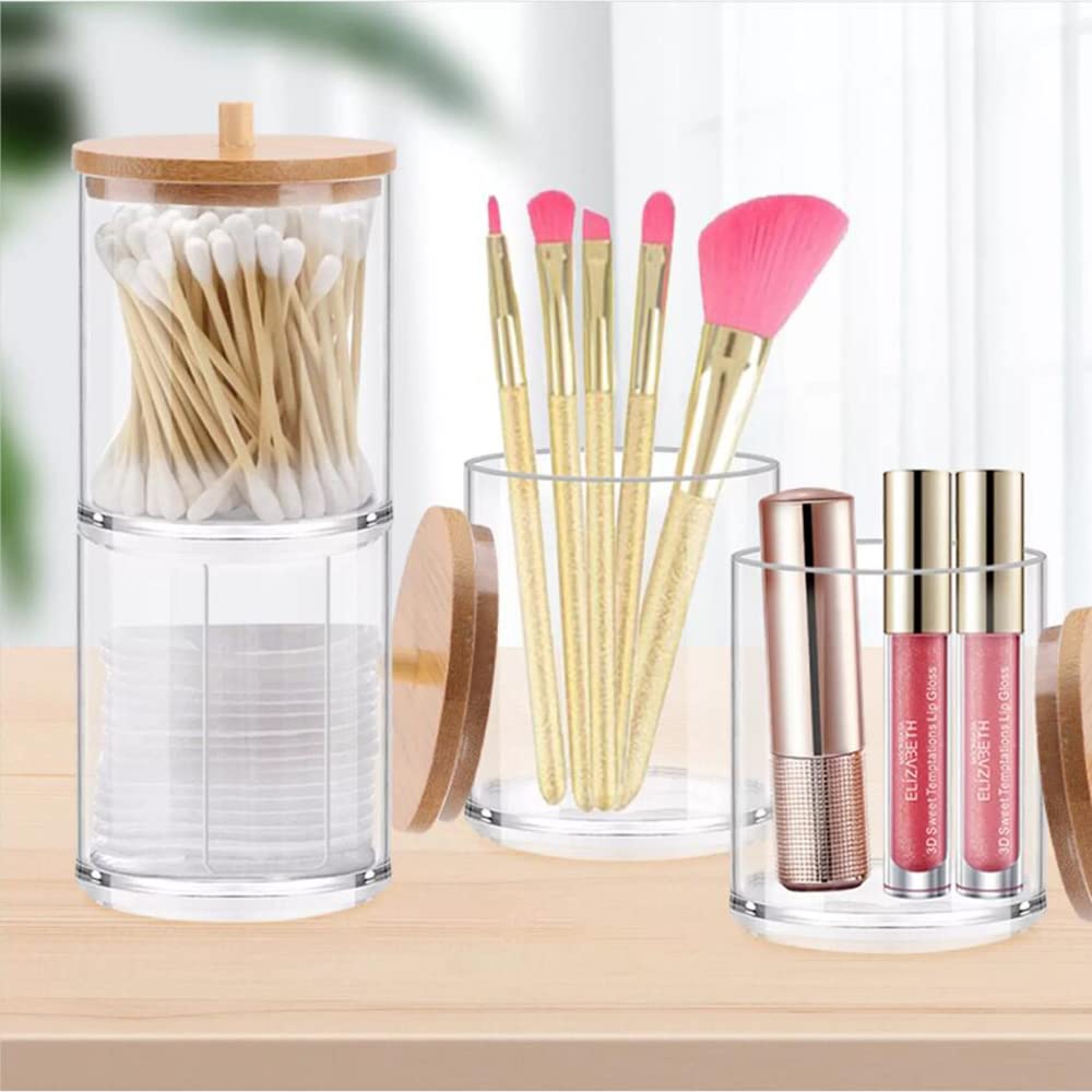 WJASI Qtip Holder Dispenser with Cotton Pads Jar Set Bamboo Lid Stackable Bathroom Counter Acrylic Organizer to Storage Cotton Ball Cotton Swab and Bath Salts