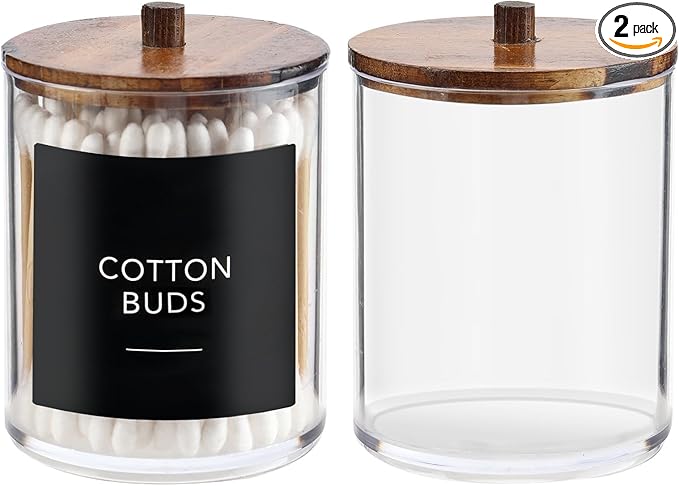 2 Pack Qtip Holder Dispenser with Wood Lids - 10 oz Clear Plastic Apothecary Jar Containers for Vanity Makeup Organizer Storage - Bathroom Accessories Set for Cotton Swab,Pads, Ball, Floss