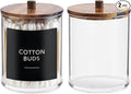 2 Pack Qtip Holder Dispenser with Wood Lids - 10 oz Clear Plastic Apothecary Jar Containers for Vanity Makeup Organizer Storage - Bathroom Accessories Set for Cotton Swab,Pads, Ball, Floss