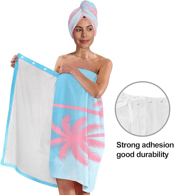 Palm Tree Towel Wrap for Women with Hair Turban – Tropical Quick Dry Microfiber Bath Skirt Set – Shower Wrap with Adjustable Closure for Girls, Spa, Travel, Beach, Dorm (Palm Tree)
