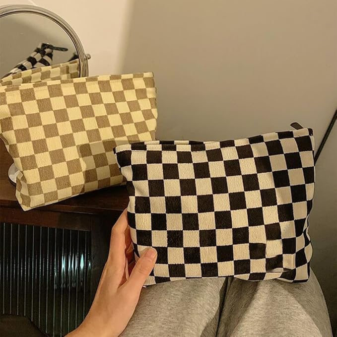SxoSyo Checkered Cosmetic Bags, Canvas Makeup Bag Purse, Beige