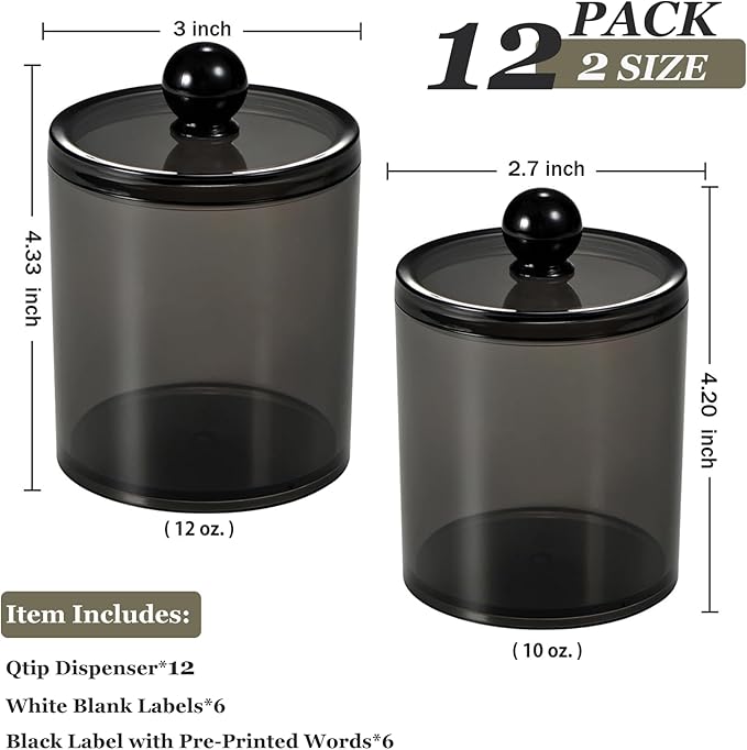 SheeChung 12 Pack Qtip Holder,Cotton Ball Holder with Lids & Labels - (6) 10oz & (6) 12oz,Plastic Bathroom Canistersfor Cotton Swabs, Balls, Pads, Floss Picks, Home Bathroom Storage Organizer ( Black)