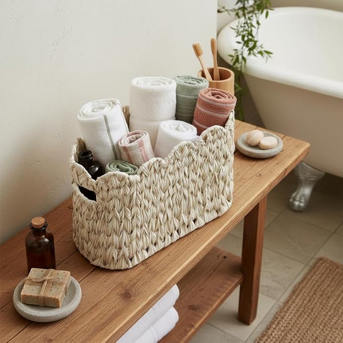 Coeusy Toilet Paper Storage Basket,Boho Decorative Scalloped Baskets,Coastal Bathroom Decor,Hand-Woven Plastic Wicker Bathroom Accessories Organizer