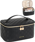 Prite Makeup Bag, Large Capacity Cosmetic Bag for Women and Girls, Waterproof PU Leather Travel Case with Handle, Divider for Skincare and Brushes - Checkered Black