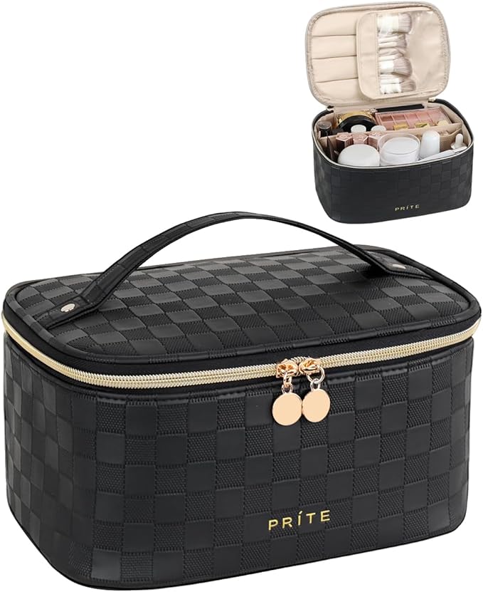 Prite Makeup Bag, Large Capacity Cosmetic Bag for Women and Girls, Waterproof PU Leather Travel Case with Handle, Divider for Skincare and Brushes - Checkered Black