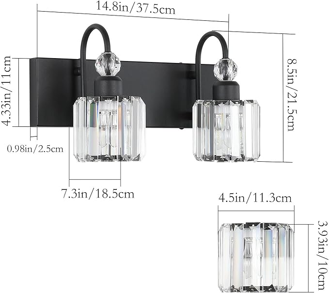Ralbay Modern Vanity Lights - 2-Light Black Crystal Bathroom Wall Fixtures