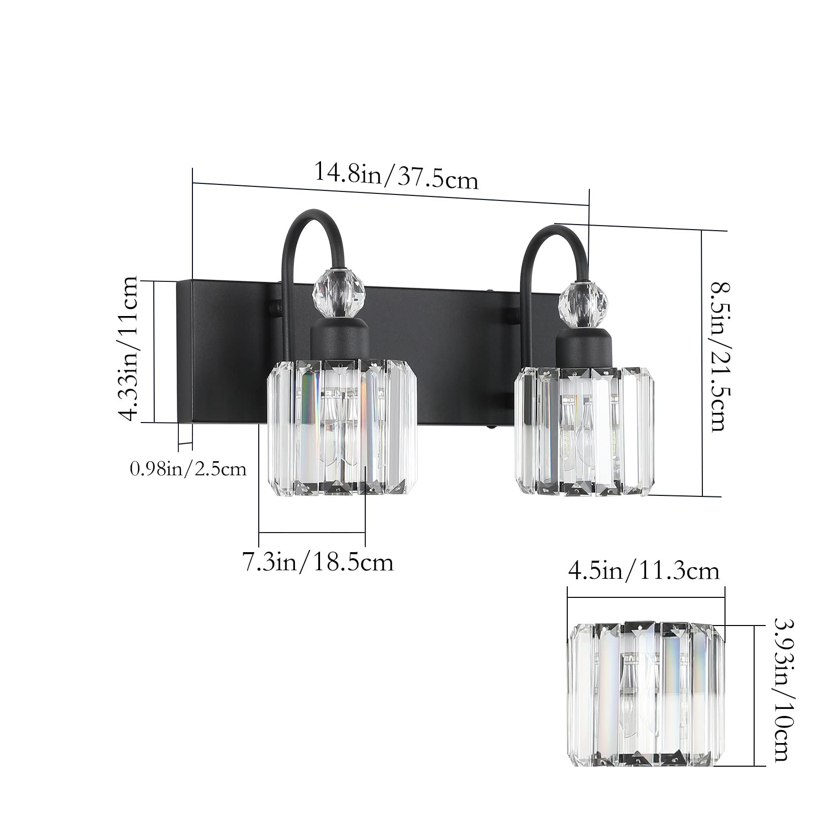 Ralbay Modern Vanity Lights - 2-Light Black Crystal Bathroom Wall Fixtures