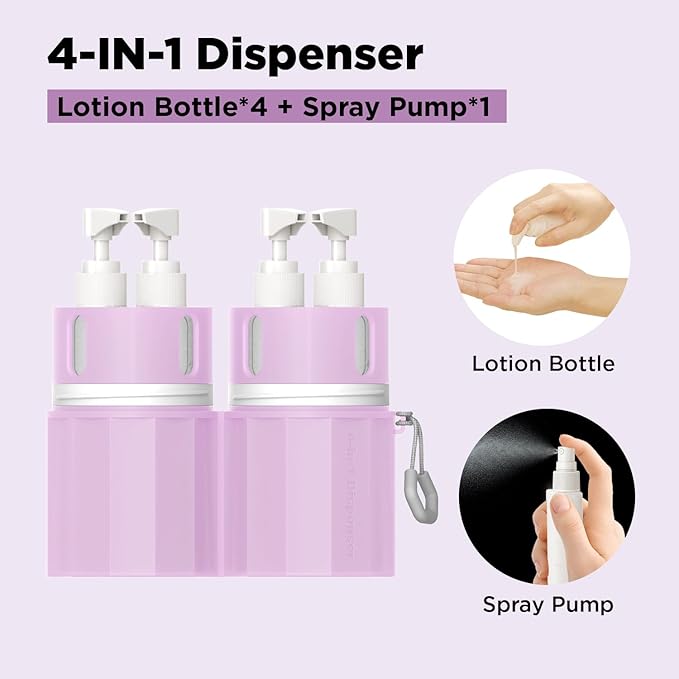 AnOis7ter 4 in 1 Travel Dispenser Bottle, TSA Approved Refillable Shampoo and Conditioner Bottles Set with Suction Cup for Smooth Walls, Travel Size Toiletries Container for Body Wash/Lotion.(Pink)