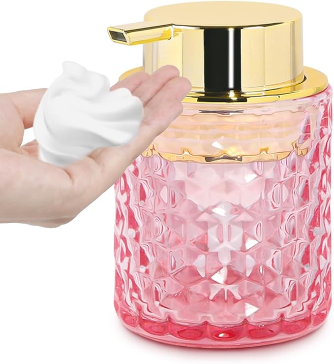 Fvstar 10 Oz Glass Hand Soap Dispenser with Pump, Refillable Bathroom Gold Foaming Soap Dispenser, Vintage Glass Diamond Lotion Container Bottle for Bathroom and Kitchen (1, Pink and Gold)