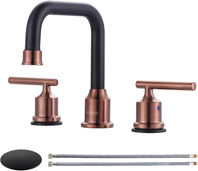 WOWOW 8 inch Bathroom Faucet 3 Hole, Widespread Bathroom Sink Faucet with Pop Up Drain Assembly and cUPC Supply Lines, Matte Black and Rose Gold Vanity Faucet 2 Handle Basin Faucet Mixer Taps