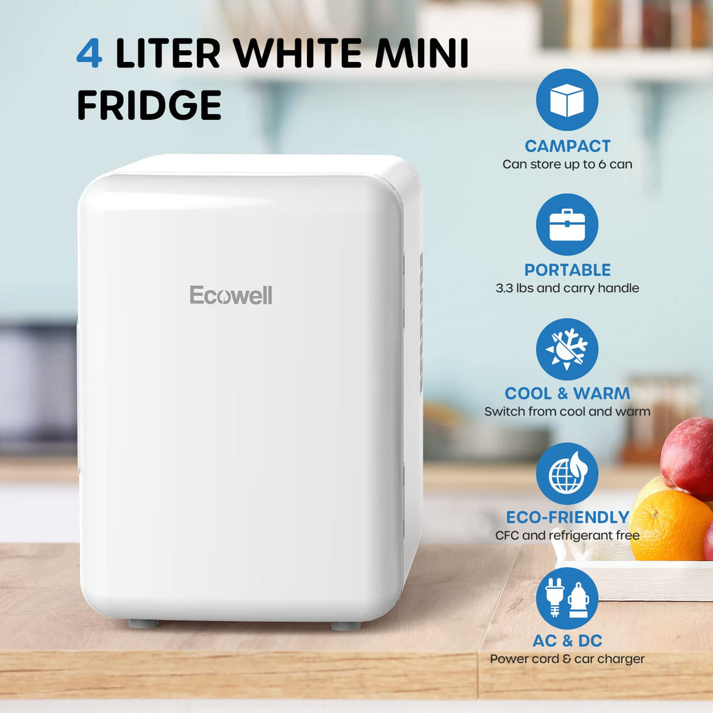 Ecowell WRE100 Mini Bedroom, 4L/6 Can Skincare Fridge, AC/DC Portable Compact Small Refrigerator for Office Dorm Car Desk for Skin Care Makeup Cosmetic, White