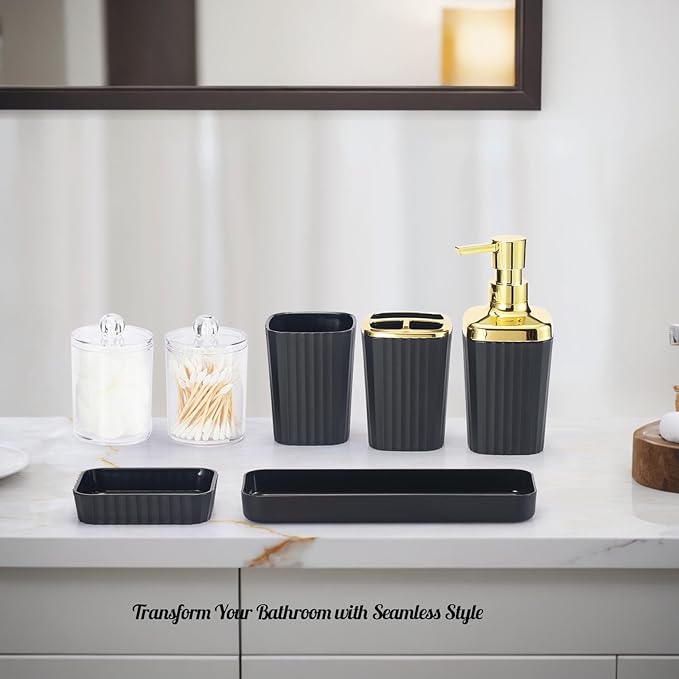 Bathroom Accessory Set,9 Pieces Black Bathroom Accessory Set with Toothbrush Holder, Trash Can, Lotion Soap Dispenser, Toothbrush Cup, Vanity Tray, Soap Dish, Toilet Brush, Qtip Holder