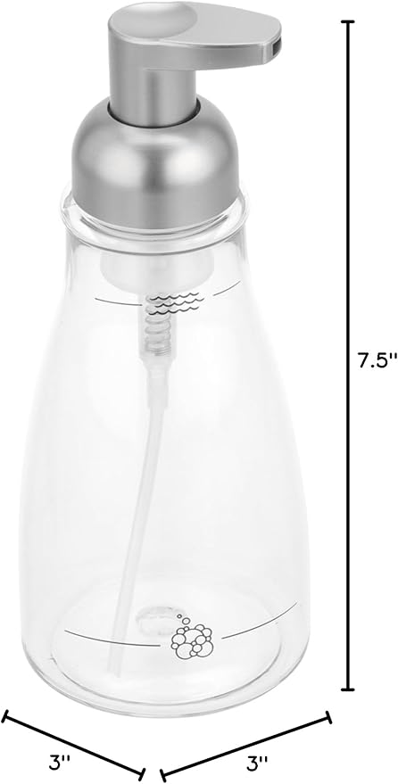 iDesign Foaming Soap Dispenser for Kitchen, Bathroom, Sink, Vanity, 3" x 3" x 7.5", Clear and Brushed Nickel