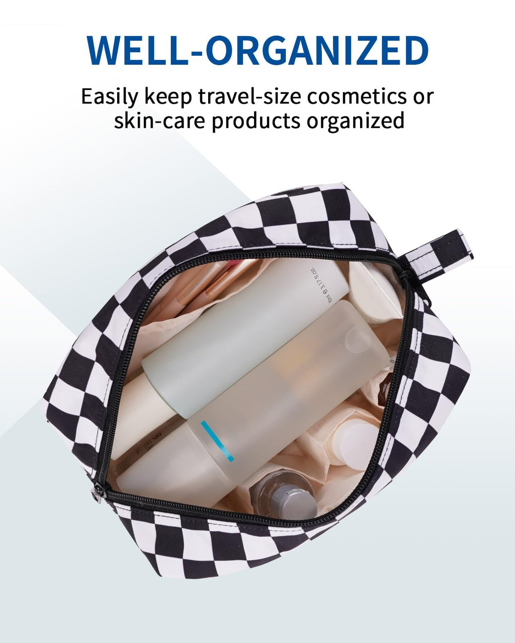 Narwey Checkered Makeup Bag, Travel Cosmetic Bag Organizer, Toiletry Bag Make Up Bags with Organized Pockets for Women (Black Checkerboard, Large)