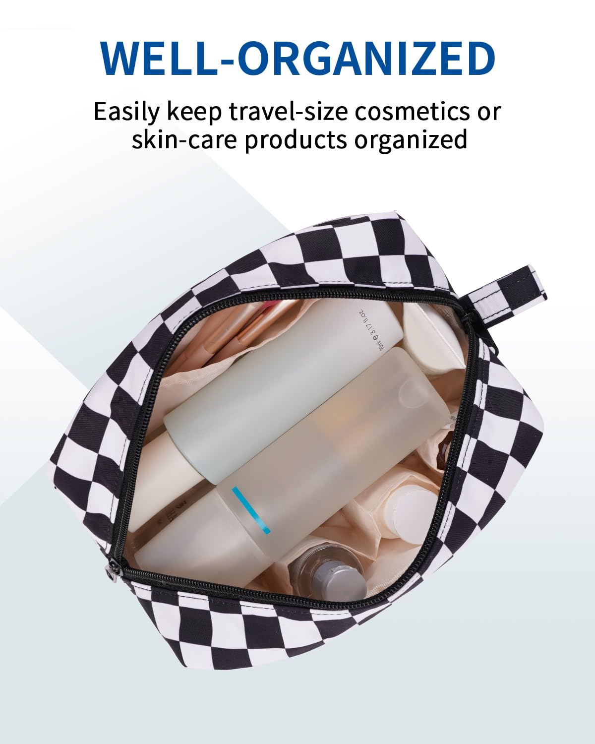 Narwey Checkered Makeup Bag, Travel Cosmetic Bag Organizer, Toiletry Bag Make Up Bags with Organized Pockets for Women (Black Checkerboard, Large)