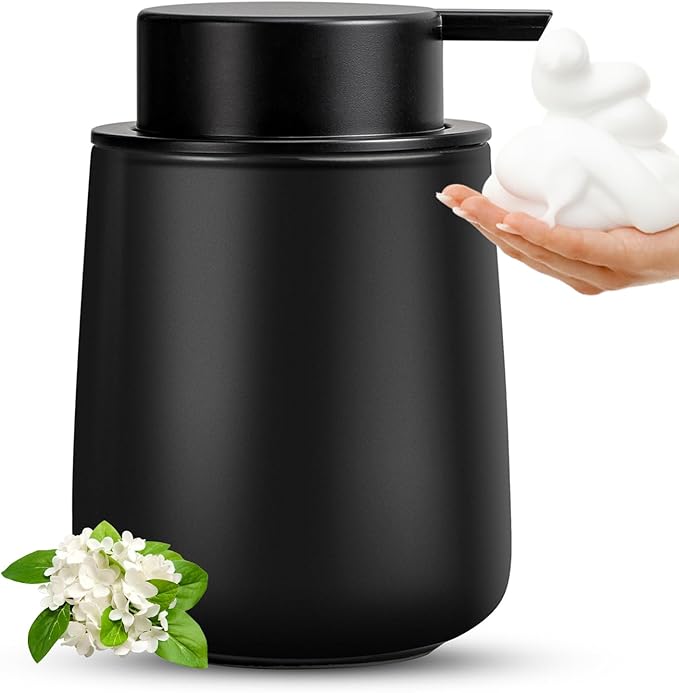 AZMOYAC Black Foaming Soap Dispenser - Modern Ceramic Foam Hand Soap Dispenser Bathroom, 12 Oz Facial Cleanser Dispenser Bottle with Foam Pump, Refillable Wash Dish Dispenser for Kitchen