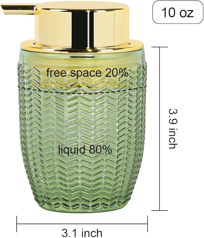 Green Foaming Soap Dispenser, Glass Foam Hand Soap Dispenser with Gold Pump, Bathroom 10 Oz Refillable Liquid Lotion Pump Container Barrel Shape Bottle for Kitchen Countertop Decor