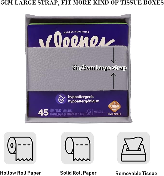 Tissue Box Cover Holder Square Tissue Cube Cover PU Leather Tissue Organizer with Bottom Belt for Bathroom, Tabletop, Car, Night Stands, Office, Home, Kitchen (2, Violet)