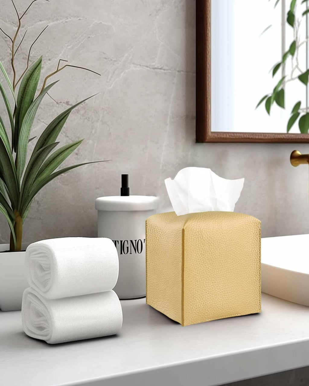 Gold Tissue Box Cover Leather – Tissue Holder with Bottom Belt by JESMINI, Decorative Aesthetic PU Leather Tissue Box Holder for Bathroom Home Office Decor