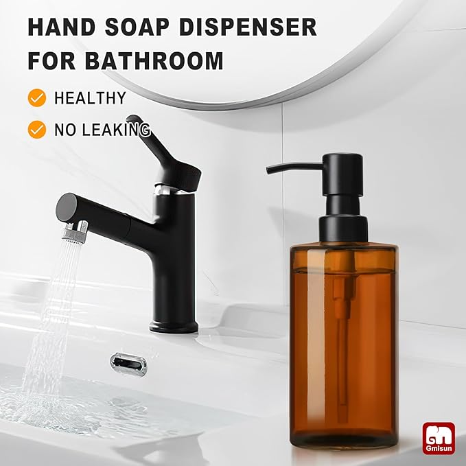 GMISUN Amber Glass Soap Dispenser, Hand Soap Dispenser for Bathroom, Dish Soap Dispensers for Kitchen, 12 fl oz/350ml Glass Bottle with Stainless Steel Pump, Modern Refillable Liquid Lotion Bottles