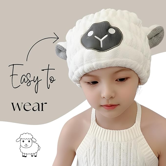 LCBD Microfiber Hair Towel Wrap for Kids, White Sheep Dry Hair Cap Suck Water, Absorbent Quick Girls Boys Hair Drying Towel, Lightweight Bouncy Hat Headscarf