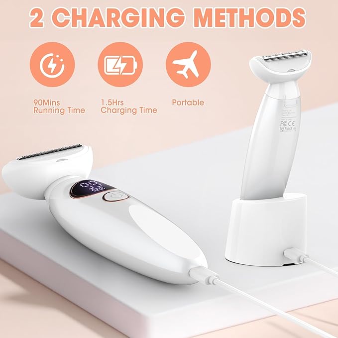 5 in 1 Bikini Trimmer for Women,IPX7 Waterproof Cordless Replaceable Pubic,Eyebrow,Facial Electric Razors&Nose Hair Trimmer&Painless Body Shaver for Arms Legs Underarms,USB Charge,LED Display,Wet&Dry