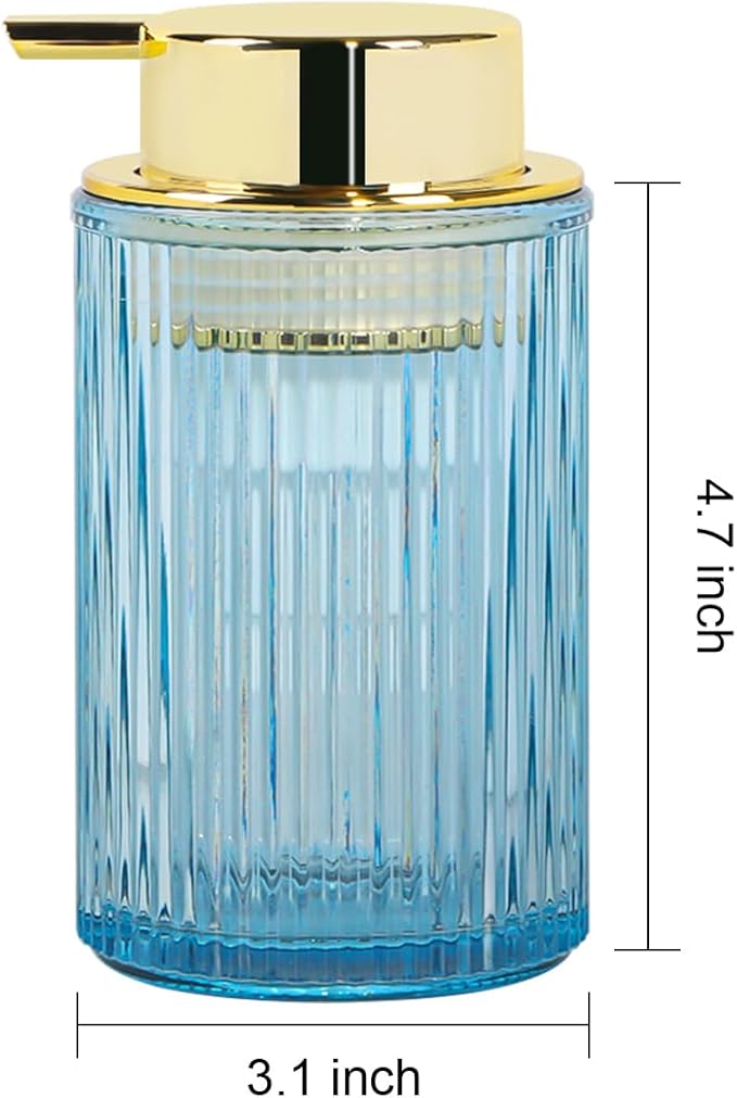 Tonxus Foaming Soap Dispenser, 12 Oz Blue Glass Foam Hand Soap Dispenser, Refillable Lotion Soap Dispenser with Removable Pump for Kitchen Hand Wash Dispenser, Modern Slim Ribbed Bottle for Decor