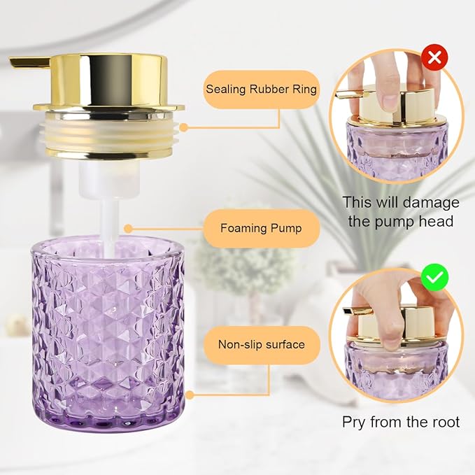 Fvstar 10 Oz Glass Hand Soap Dispenser with Pump, Refillable Bathroom Gold Foaming Soap Dispenser, Vintage Glass Diamond Lotion Container Bottle for Bathroom and Kitchen (1, Purple and Gold)