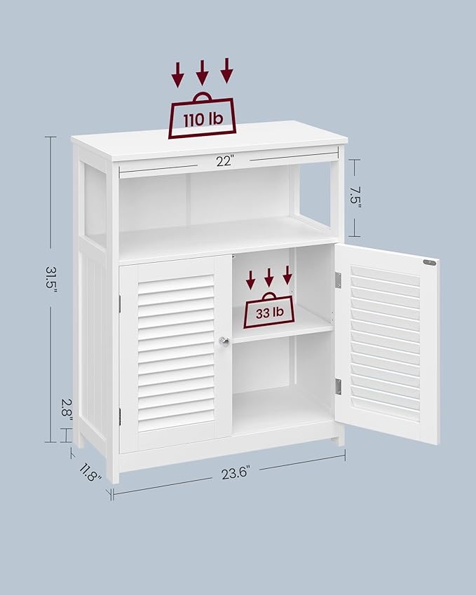 VASAGLE Bathroom Floor Cabinet, Bathroom Storage Cabinet, Freestanding, with Double Shutter Doors and Adjustable Shelf, for Living room, Entryway, Kitchen, White UBBC40WTV1