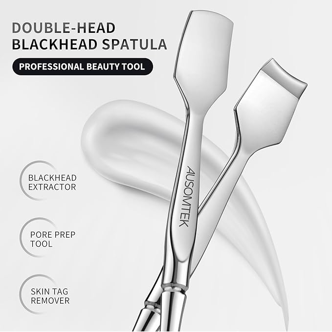 AUSOMTEK Blackhead Remover Tool & Facial Pore Cleaner, Dual-Ended Stainless Steel Face Spatula for Skin Care Routine, Includes Cyan PU Case