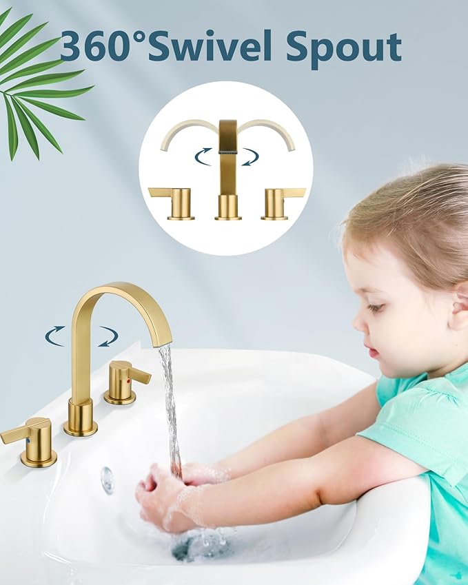 Aolemi Bathroom Faucets 3 Hole,8 Inch Widespread Waterfall Bathroom Sink Faucet,2 Handles Vanity Faucet with Pop-up Drain and Supply Hose,Gold