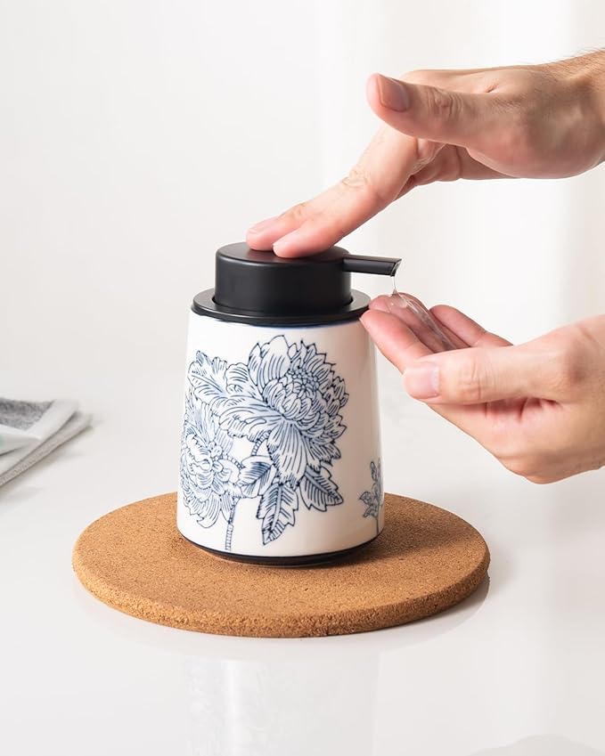 Hand Soap Dispenser for Bathroom, Ceramic Lotion Dispenser, Chinoiserie Bathroom Accessories, Blue and White Flowers and Branches