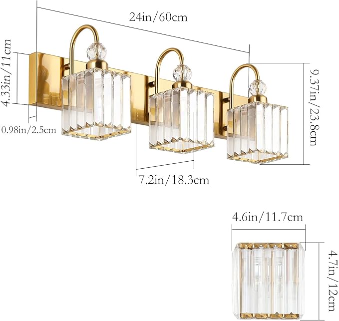 Ralbay Modern Gold Crystal Vanity Lights for Bathroom 3-Lights Crystal Vanity Lights Over Mirror Modern Crystal Gold Bathroom Wall Lighting Fixtures